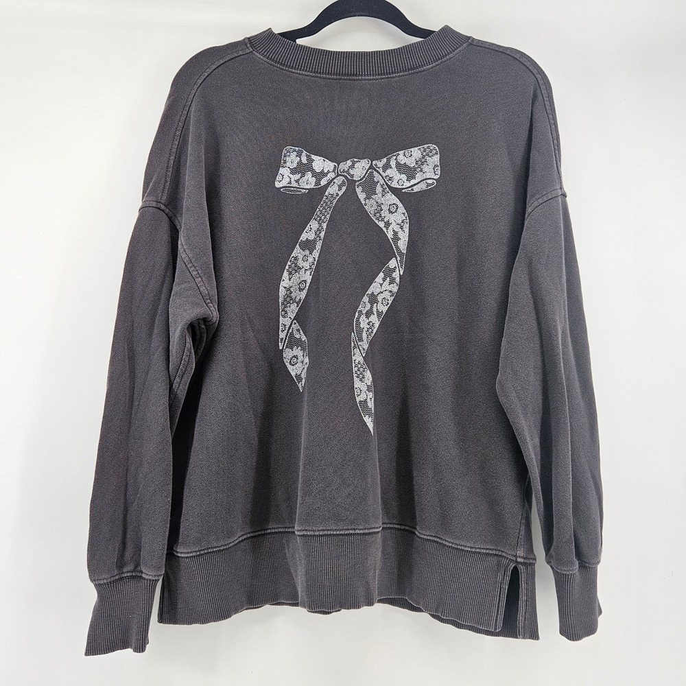 Aerie Grey Big Chill Bow Oversized‎ Sweatshirt L Coquette Lounge Comfy